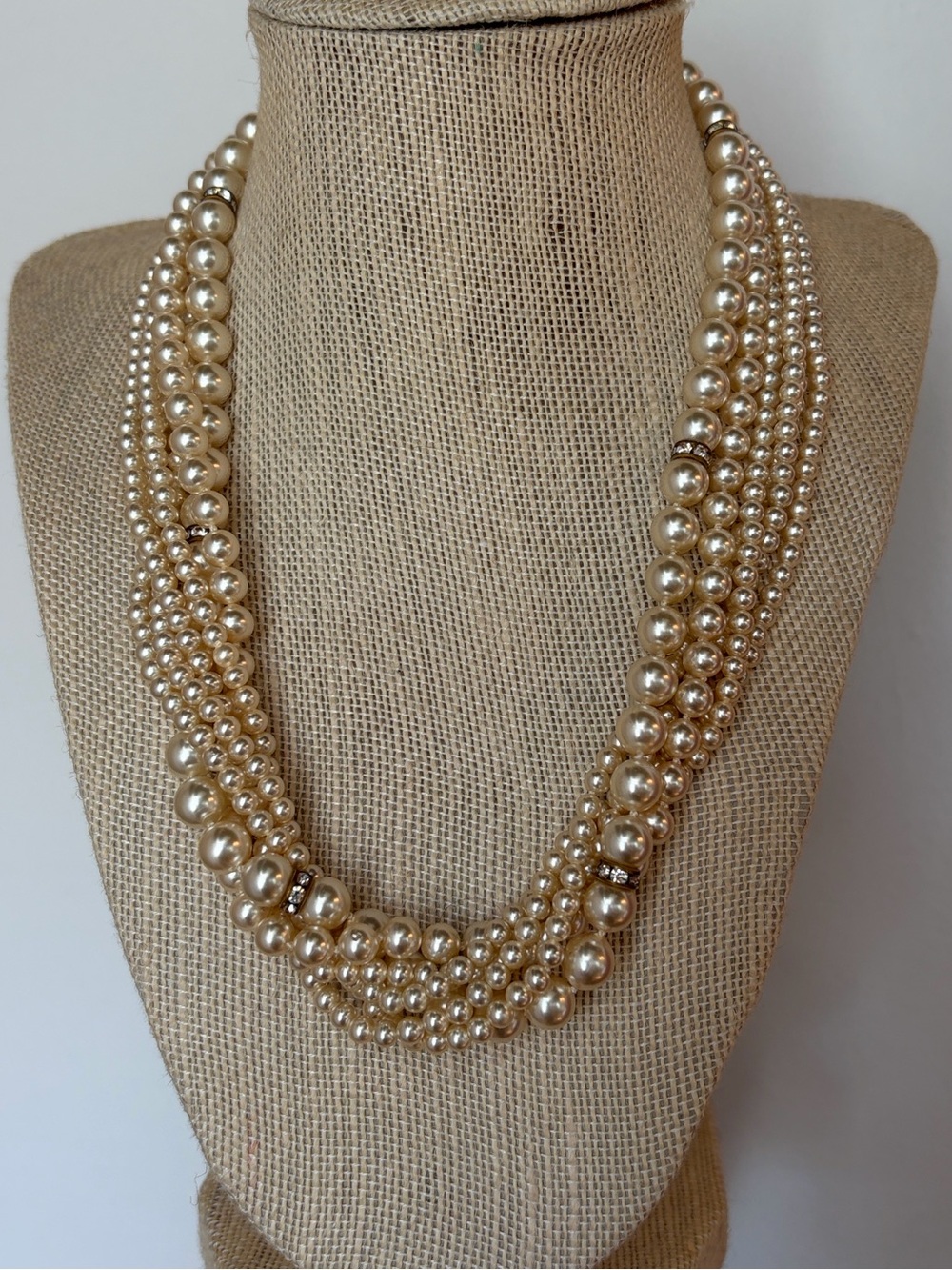 Elegant Majorica Multi-Strand Pearl and rhinestone Necklace - Cream